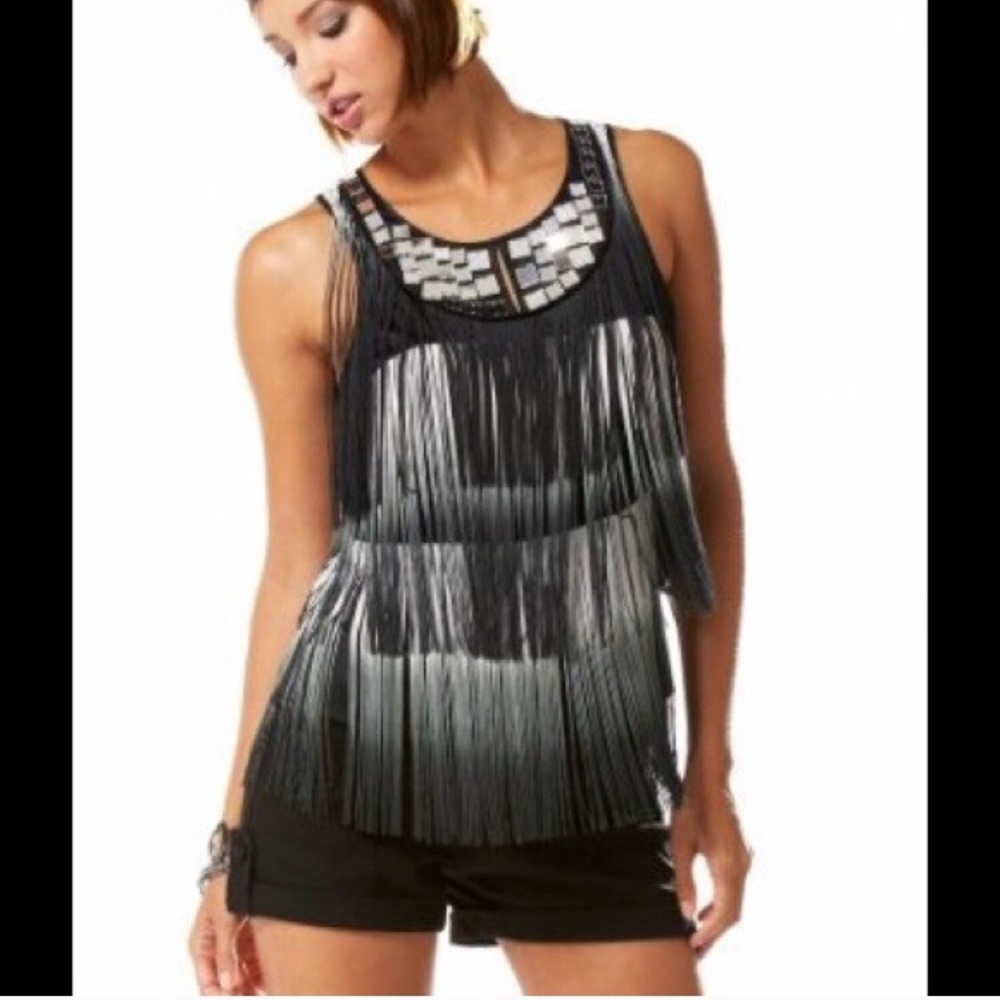 Bebe Flapper Fringe Mirror Yoke Sleeveless Top